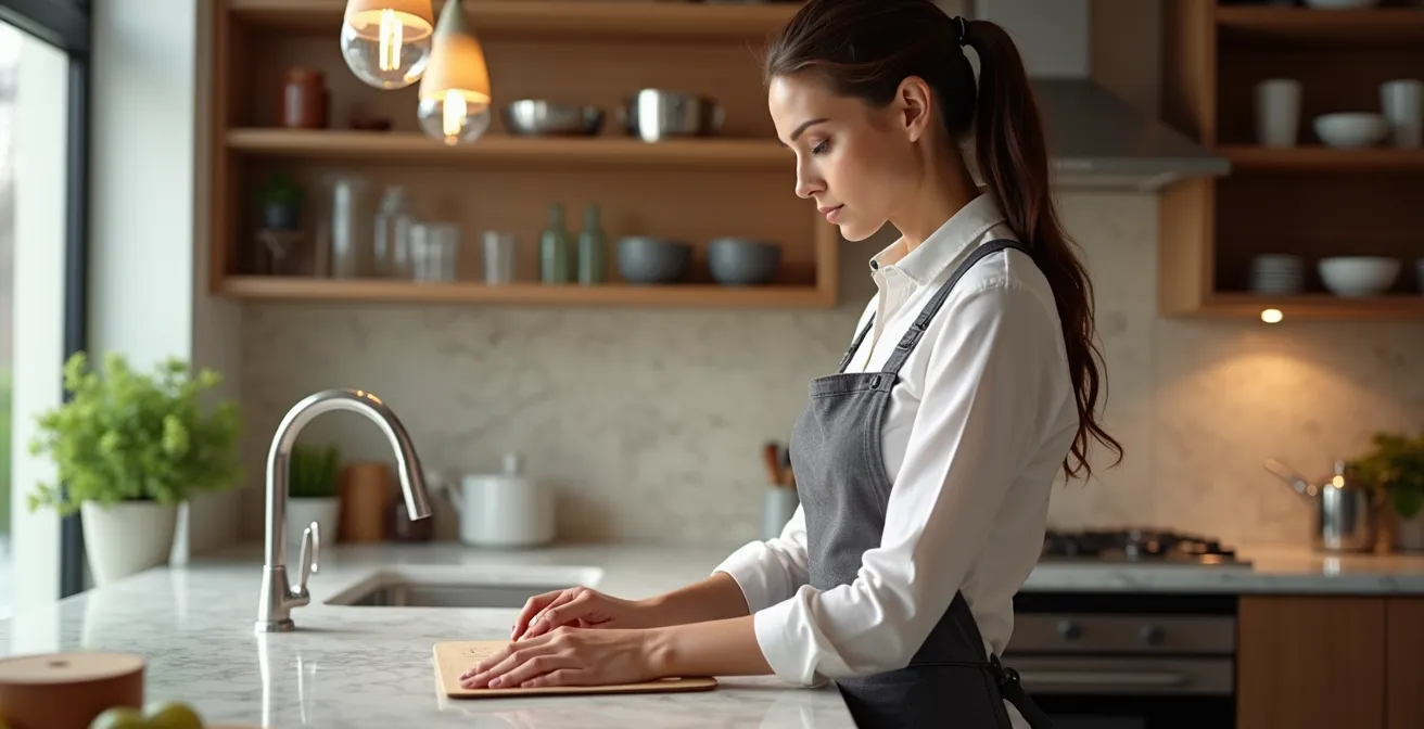 Persona che lavora al piano cucina con postura corretta e altezza ottimale