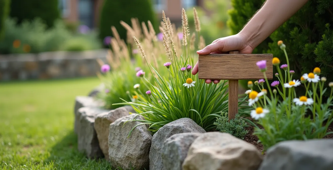 Angolo di giardino selvatico con erbe alte fiorite delimitato da bordura in pietra e piccola targa in legno