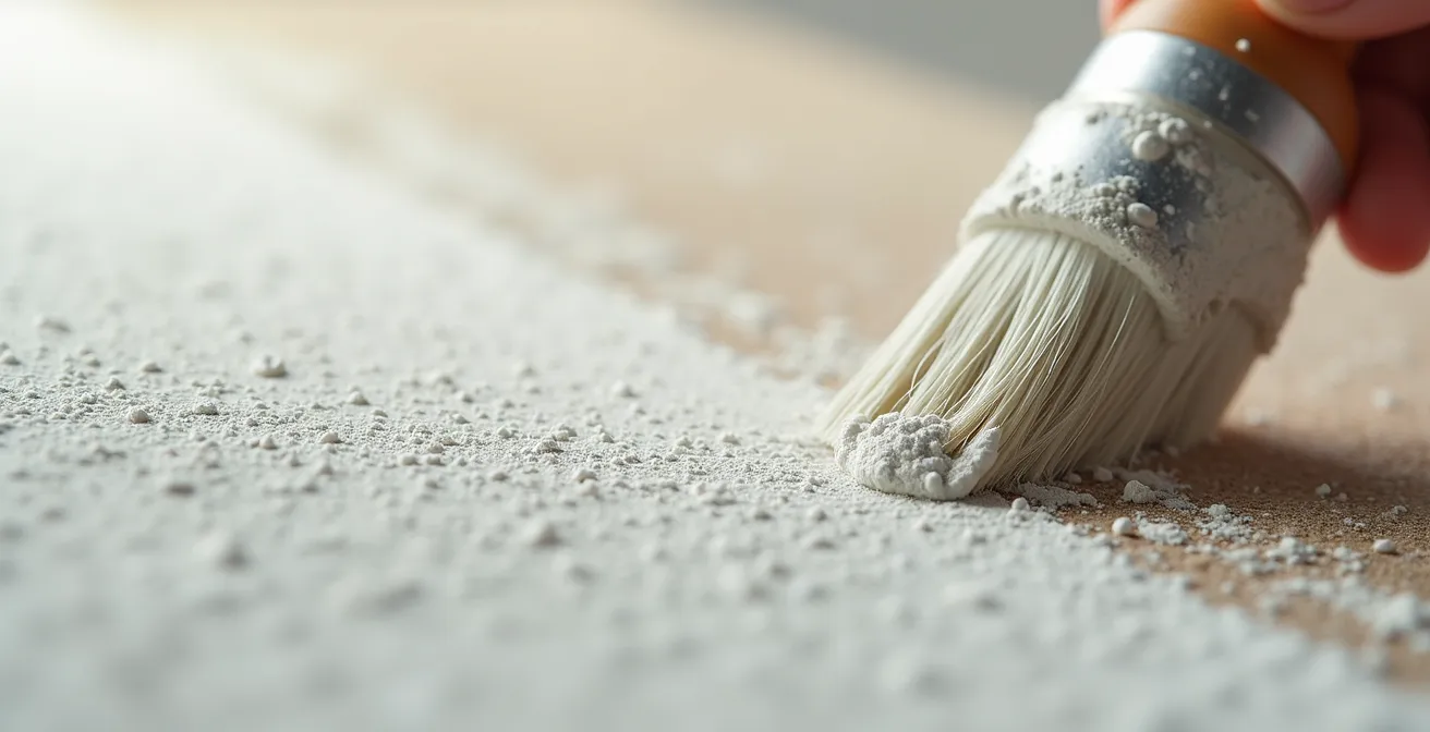 Dettaglio ravvicinato dell'applicazione del fissativo su intonaco esterno con pennello
