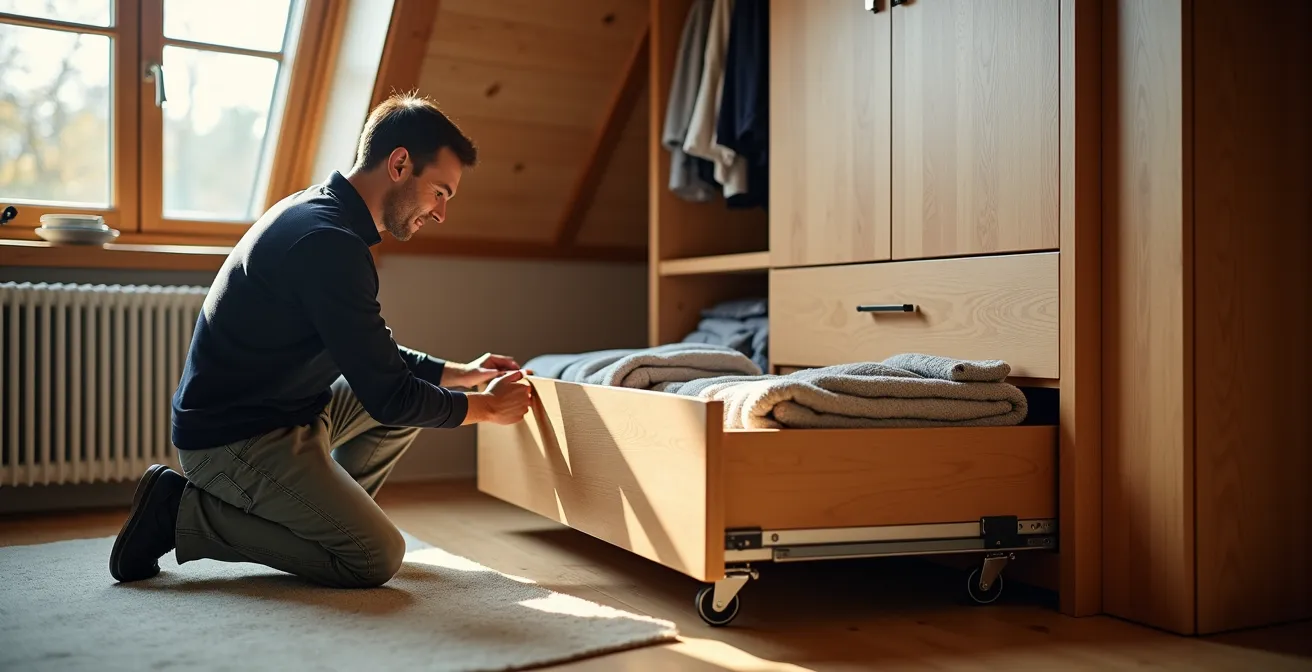 Armadio mansardato con cassettoni estraibili nella parte bassa