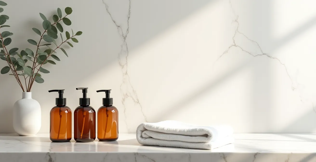 Bagno minimalista con dispenser uniformi in ceramica e spazi vuoti ordinati