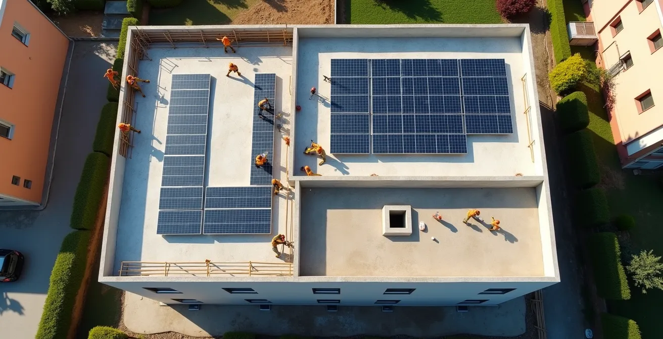 Vista aerea di cantiere con installazione cappotto termico e pannelli solari su tetto edificio italiano