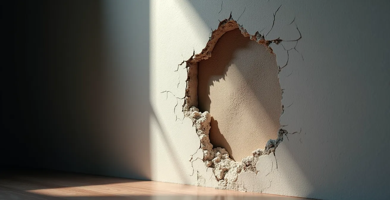 Sezione trasversale di un muro che mostra il problema nascosto dietro una parete di cartongesso