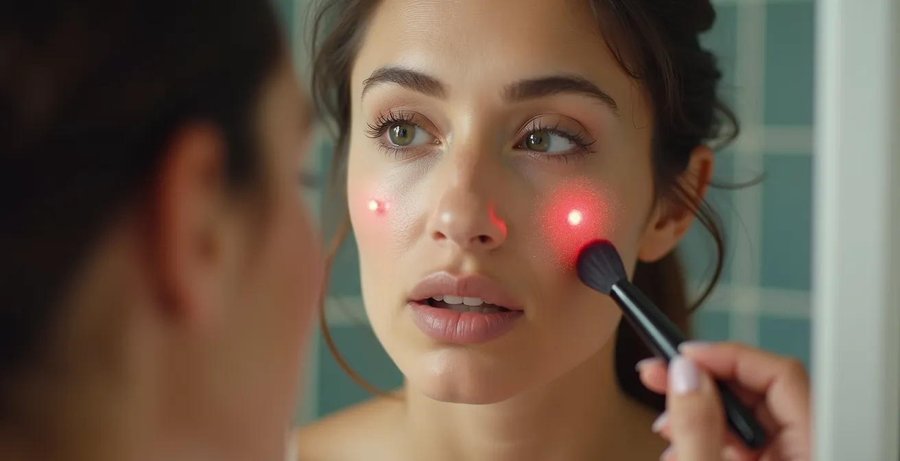 Confronto visivo tra illuminazione con CRI alto e basso su volto femminile allo specchio del bagno