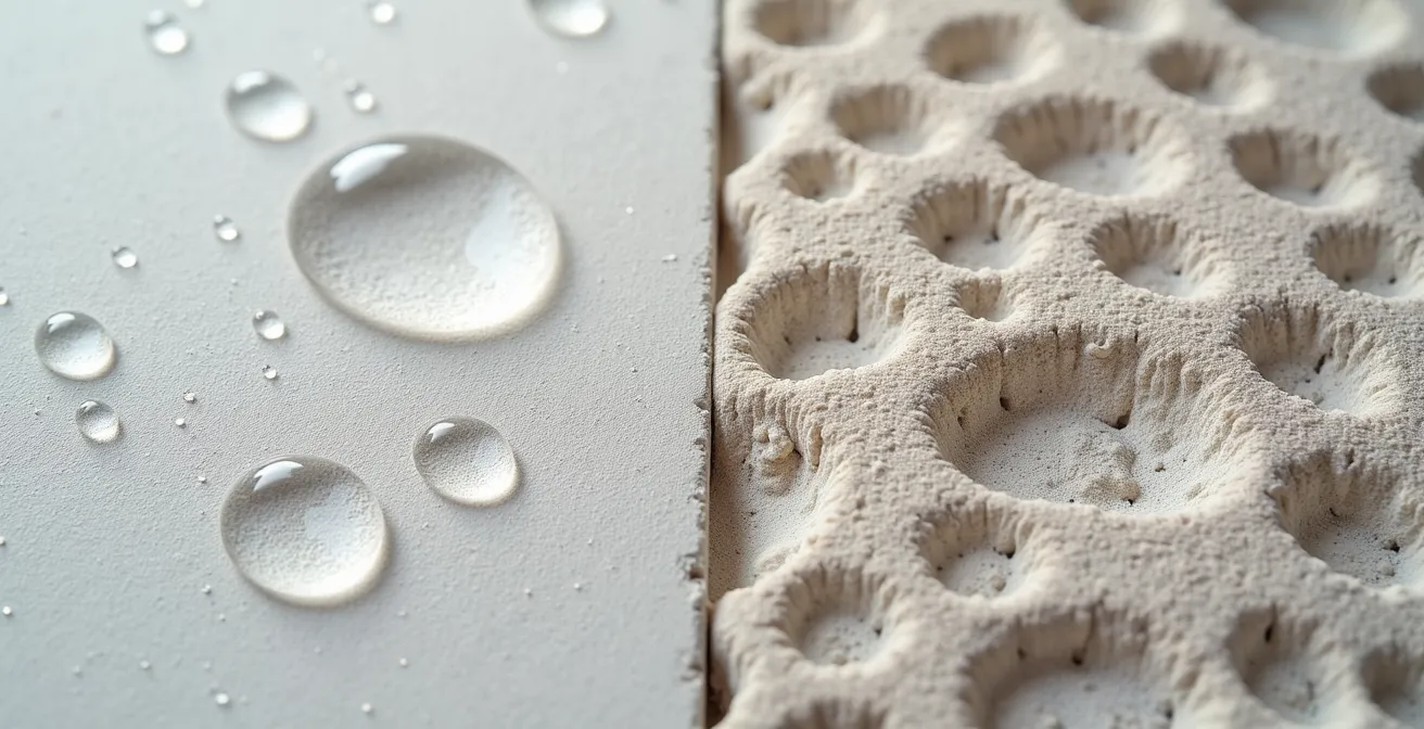 Vista ravvicinata di due campioni di intonaco che mostra la differenza di porosità e texture