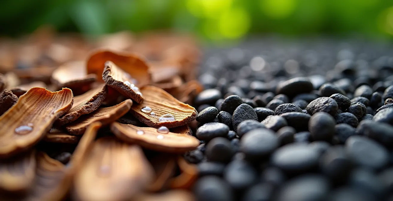 Confronto visivo tra corteccia di pino e lapillo vulcanico in un'aiuola