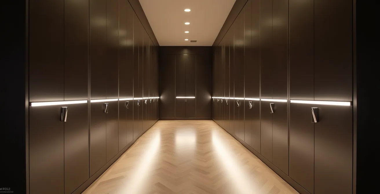 Corridoio moderno con armadiature a incasso e illuminazione LED integrata