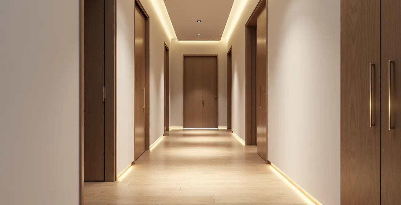 Corridoio moderno con larghezza accessibile e illuminazione segnapasso a LED integrata