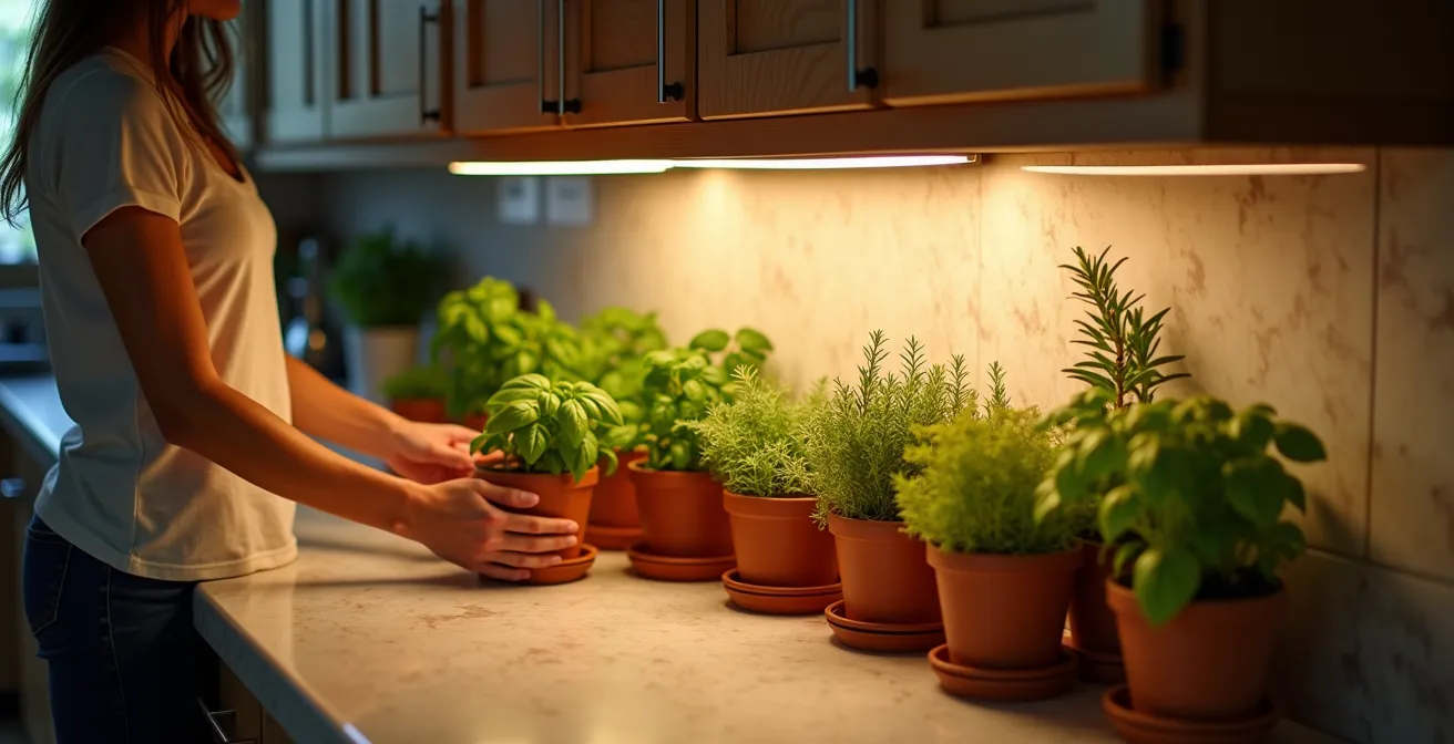 Cucina italiana moderna con strisce LED sotto i pensili che illuminano erbe aromatiche