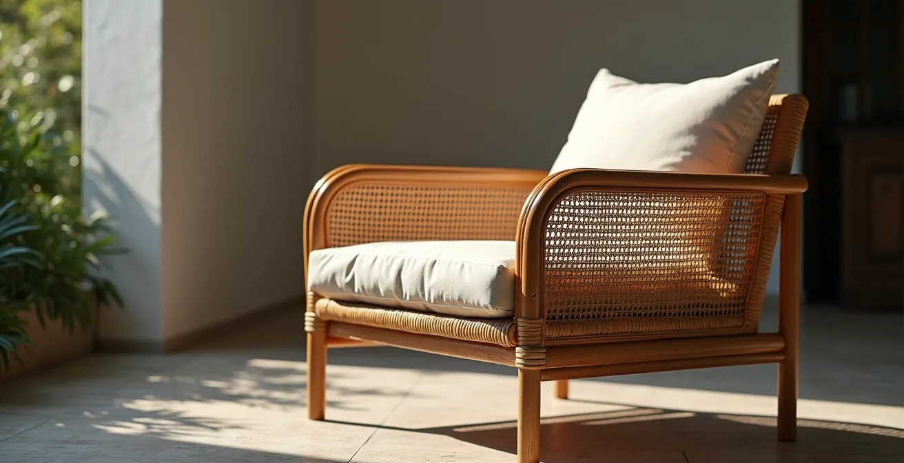 Vista laterale di poltrona in rattan con cuscino spesso in sezione mostrando imbottitura