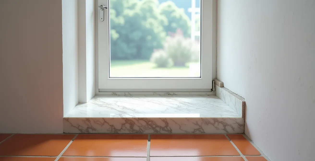 Vista laterale di un davanzale in marmo passante che crea ponte termico con formazione di condensa