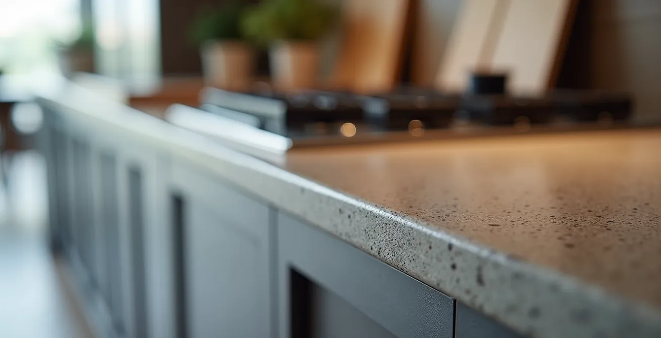 Dettaglio macro della superficie continua di una cucina a incasso