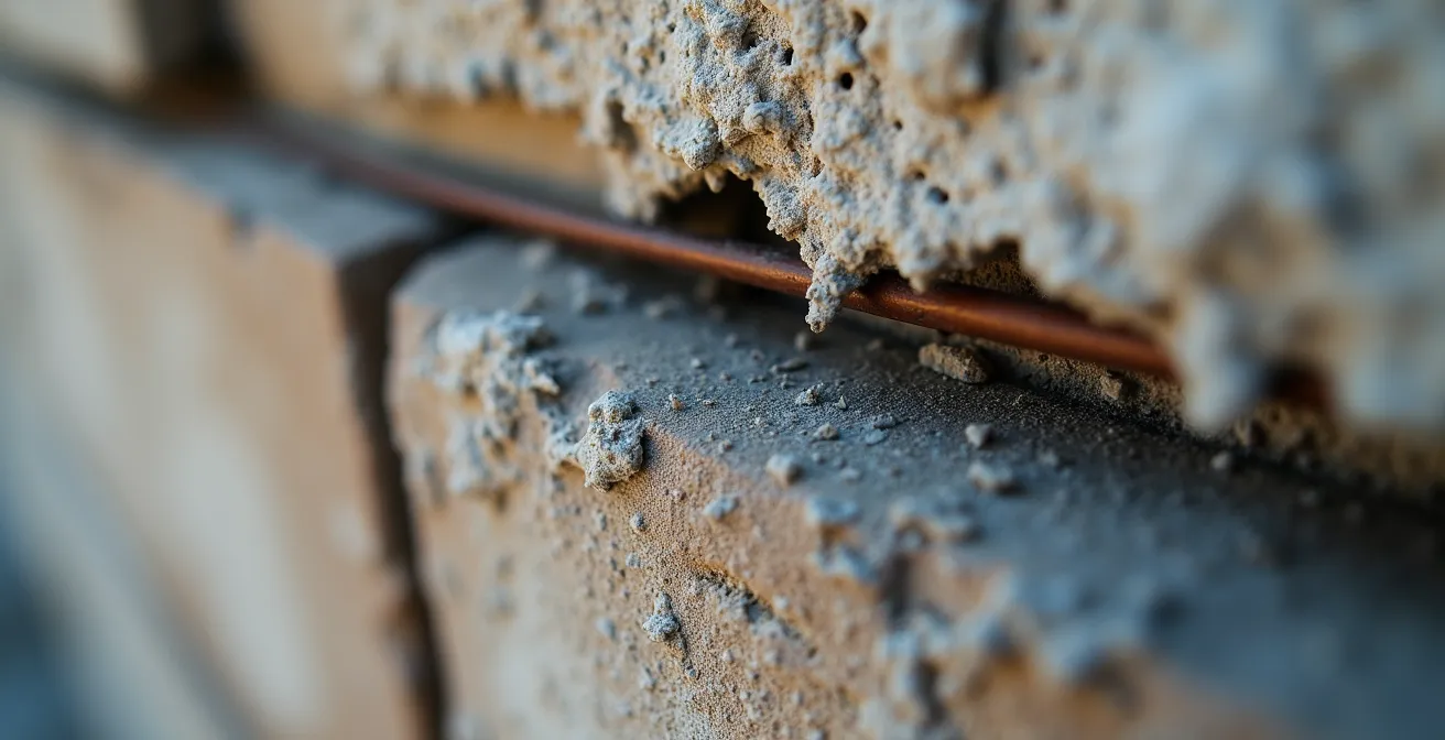 Tecnico ispeziona dettagli strutturali di balcone in cemento armato con strumenti professionali