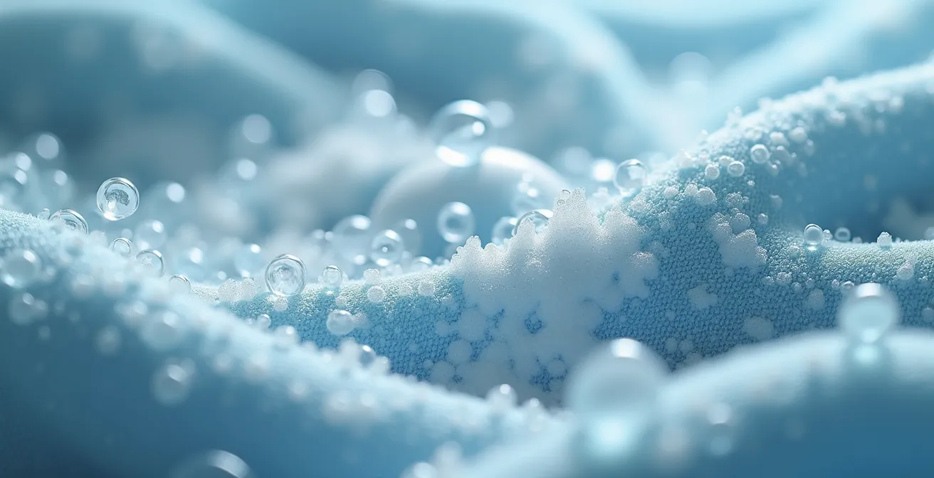 Dettaglio macro di enzimi in azione su tessuto sporco