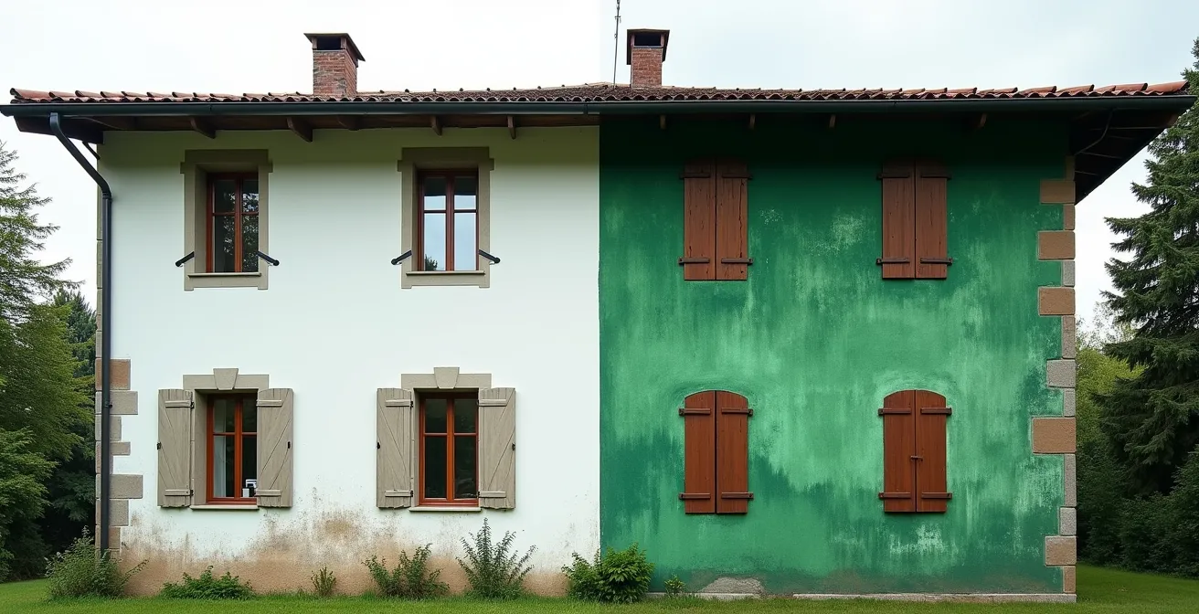 Confronto facciata con cappotto termico pulita e con proliferazione alghe lato nord