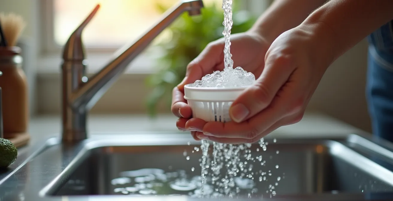 Mani che puliscono il filtro di una lavastoviglie con acqua corrente