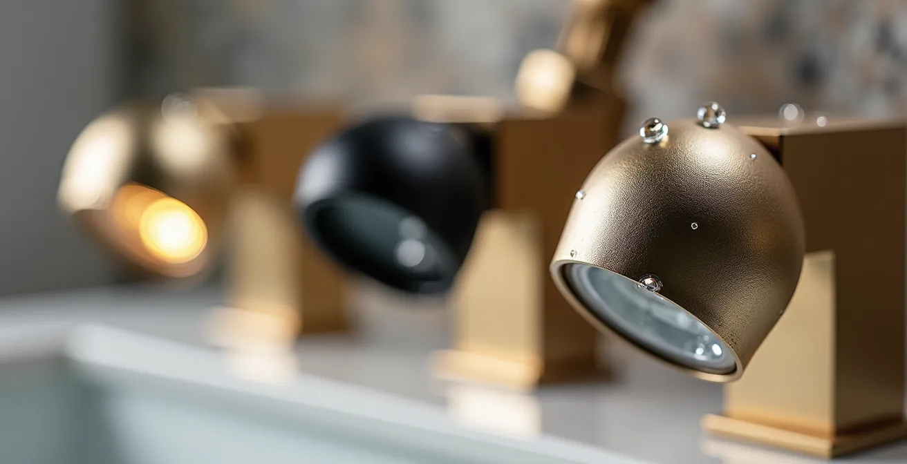 Dettaglio finiture faretti bagno coordinate con rubinetteria