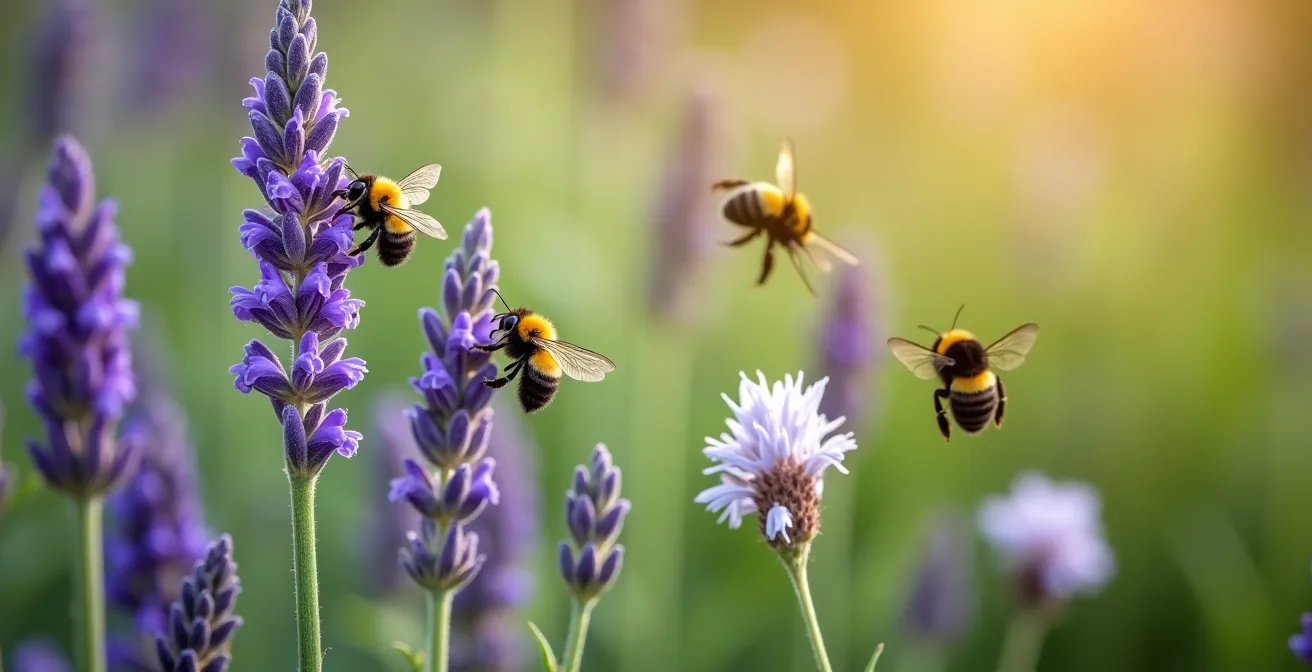 Aiuola fiorita con api e farfalle su lavanda e salvia in fiore