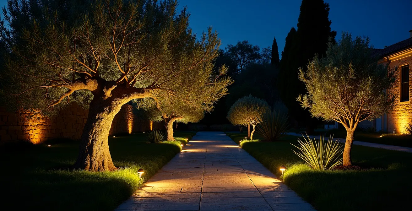 Giardino italiano illuminato di notte con luci soffuse e giochi di ombre