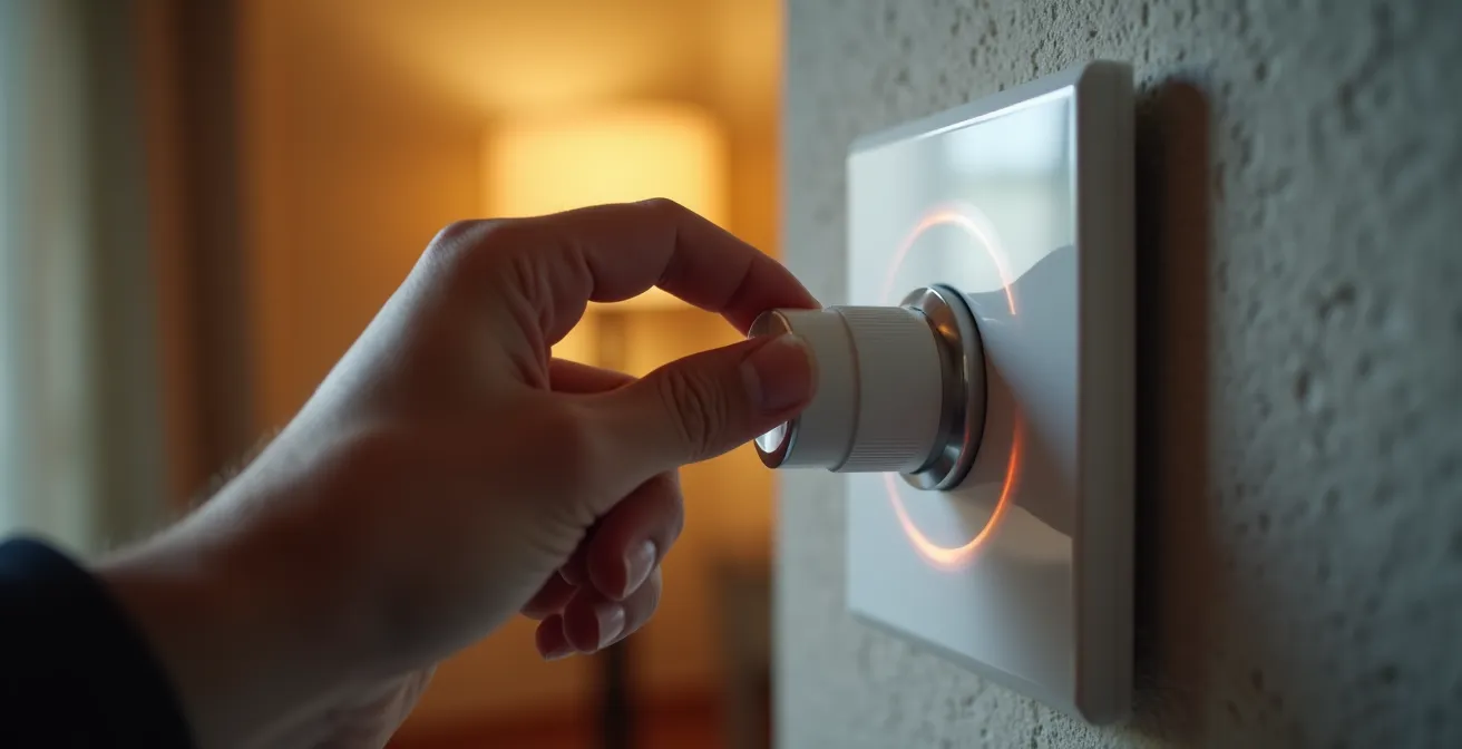 Mano che regola un dimmer moderno per LED su parete italiana