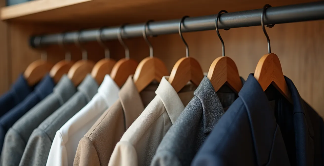 Vista interna di un armadio con sistema di appendiabiti a doppia altezza