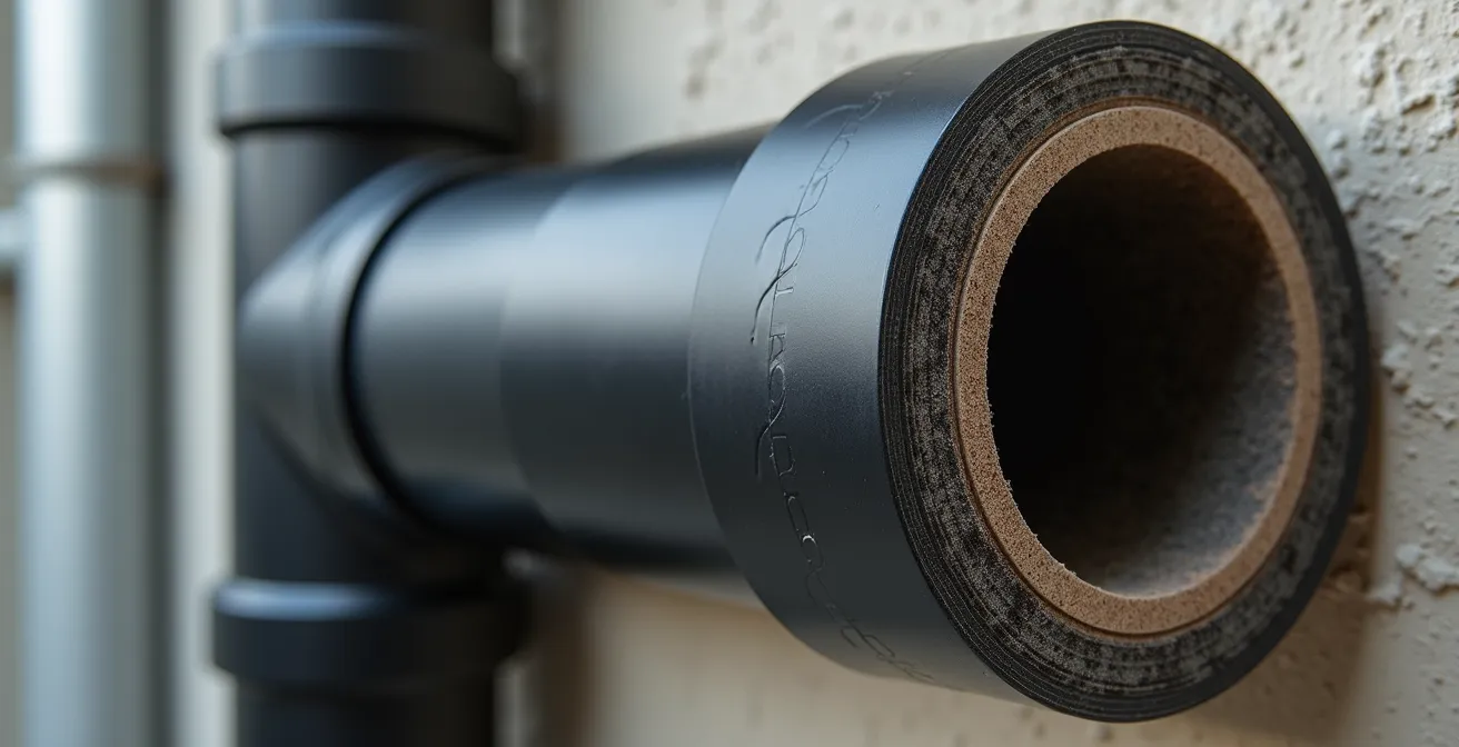 Dettaglio di tubature avvolte con materiale viscoelastico antivibrante prima della chiusura in cartongesso