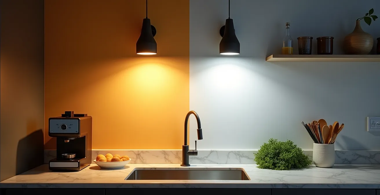 Illuminazione smart con diverse temperature di colore in cucina italiana