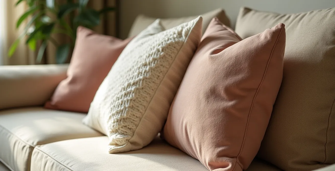 Composizione di cuscini con diverse texture su divano beige in stile italiano