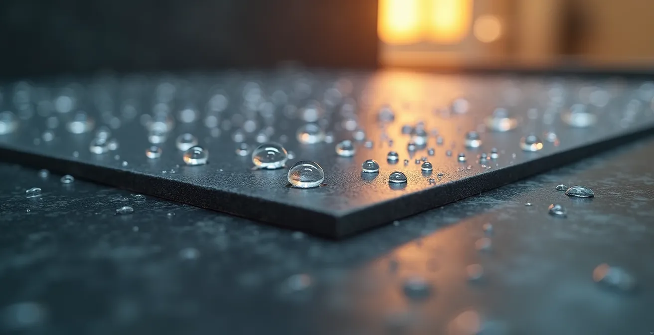 Dettaglio macro di superficie mobile bagno in Fenix con gocce d'acqua