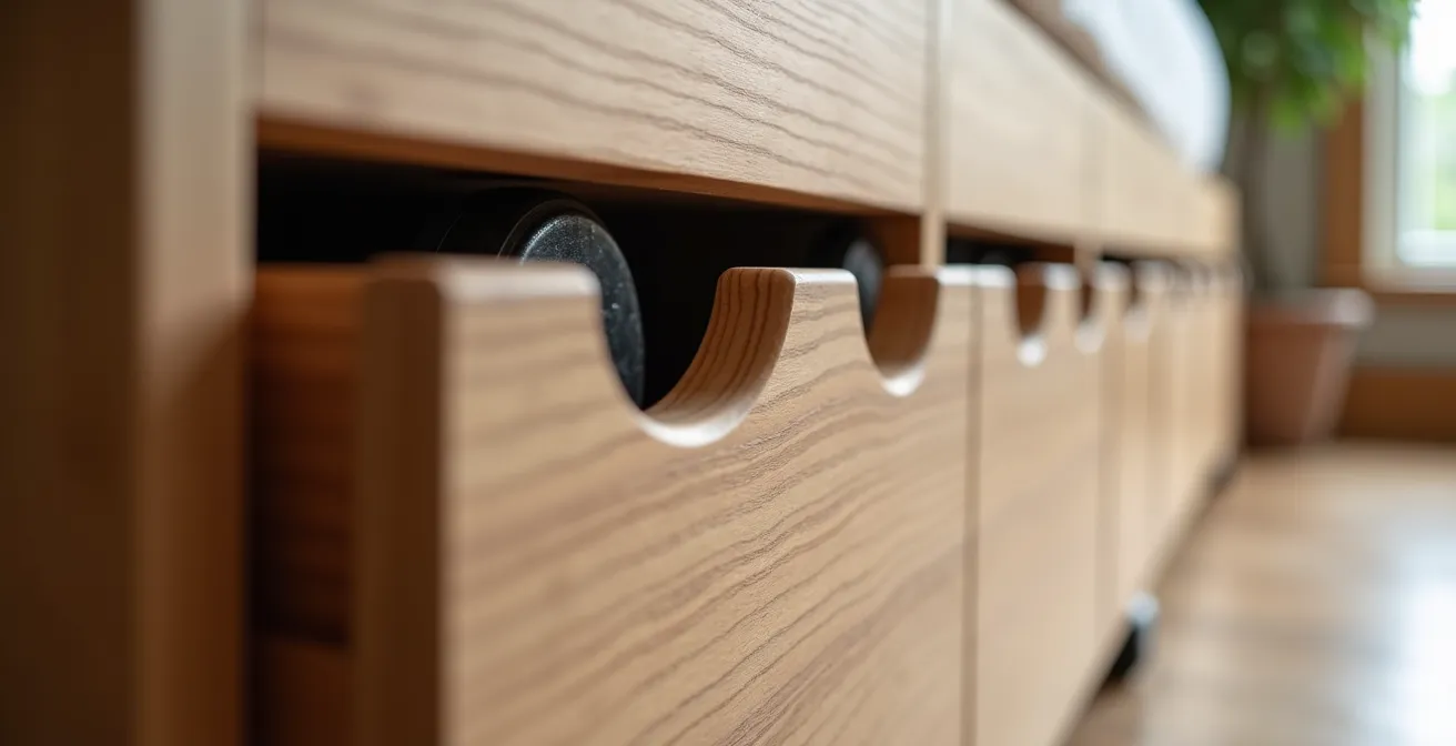 Sistema di armadiature basse su ruote sotto zona soppalcata in appartamento italiano