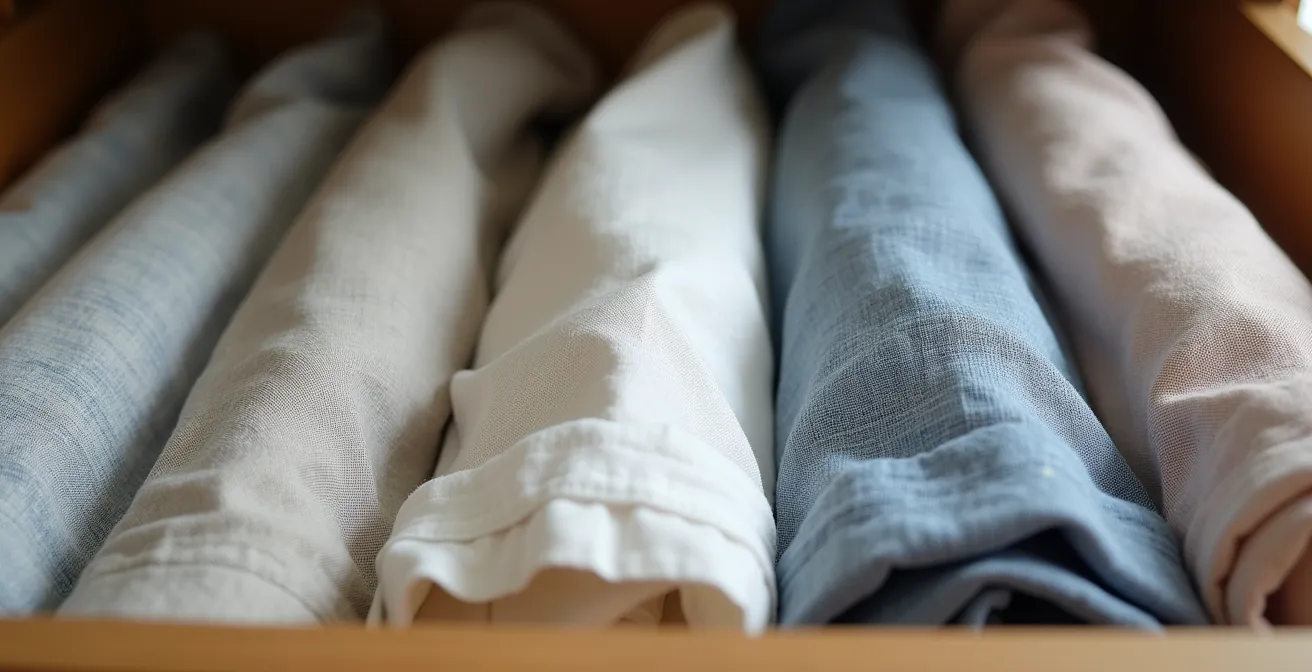 Cassetto organizzato con vestiti piegati verticalmente secondo il metodo giapponese