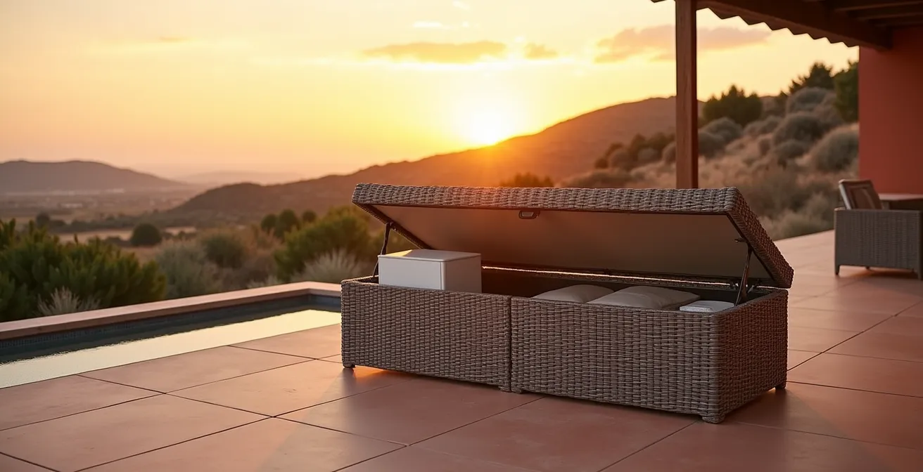 Panca contenitore moderna in resina intrecciata posizionata su terrazzo italiano al tramonto