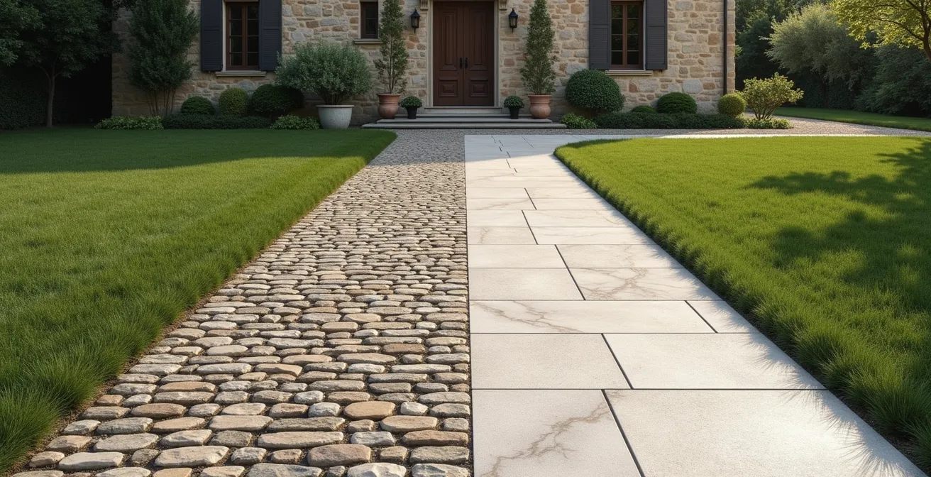 Vialetto moderno in gres porcellanato che valorizza villa anni '80