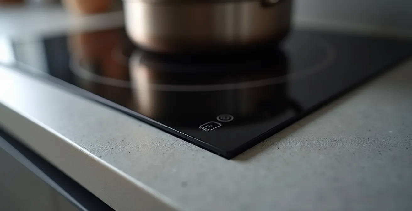 Dettaglio ravvicinato di un piano cottura a induzione installato a filo con il top della cucina