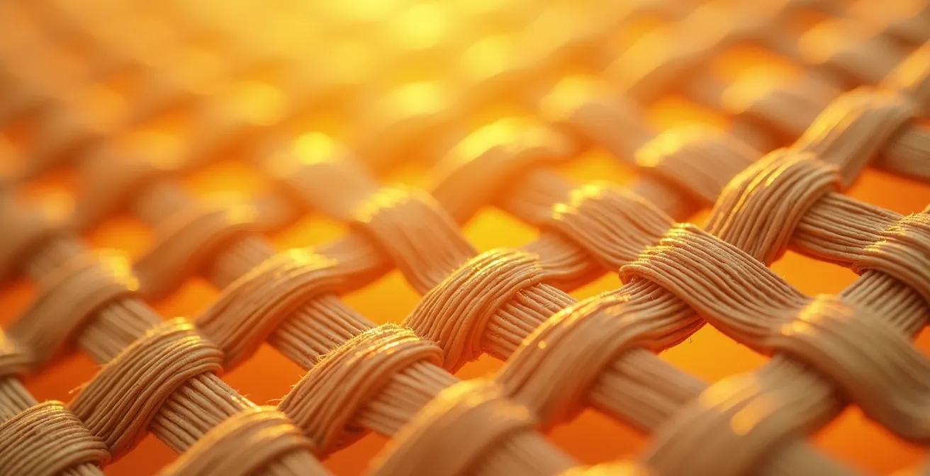 Macro ravvicinato di fibre polyrattan HDPE con texture dettagliata sotto luce solare