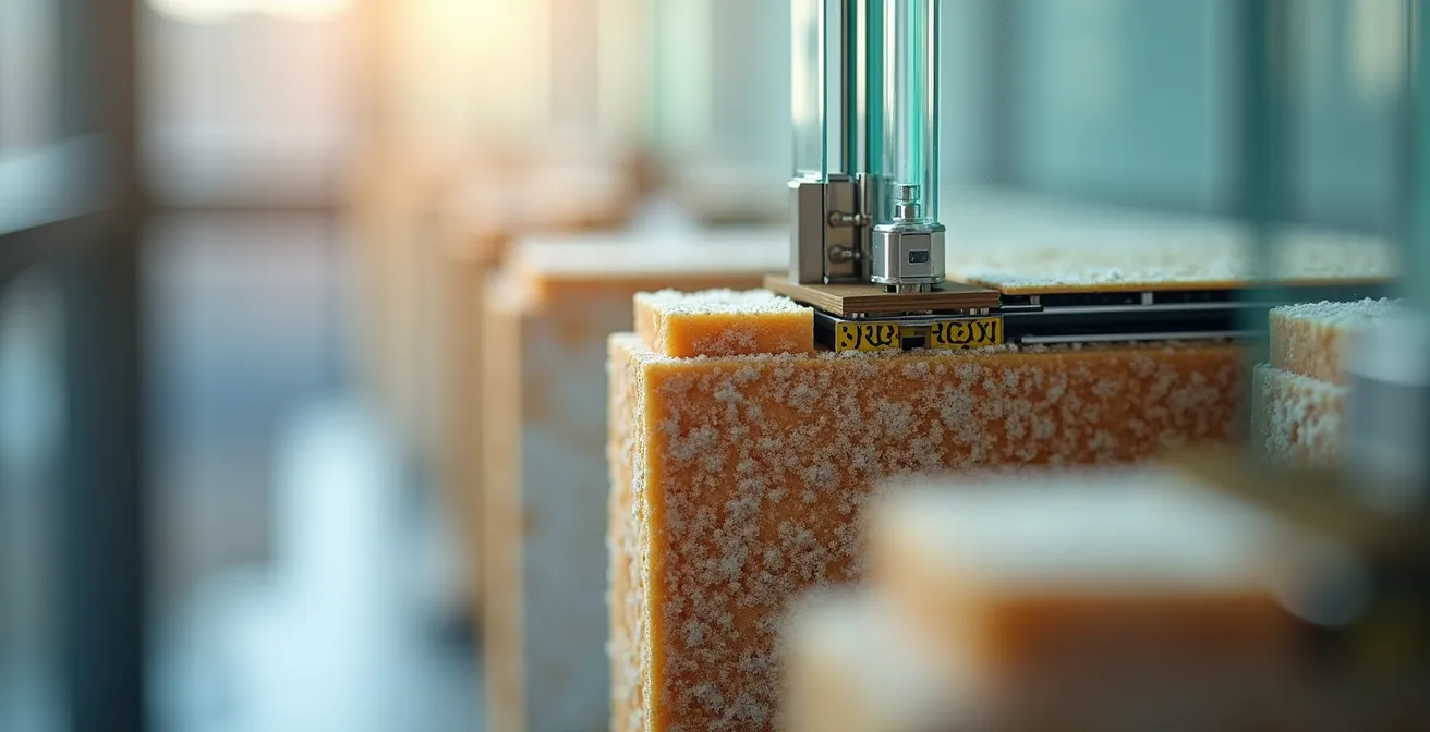 Vista macro di materiali isolanti e infissi moderni per efficienza energetica