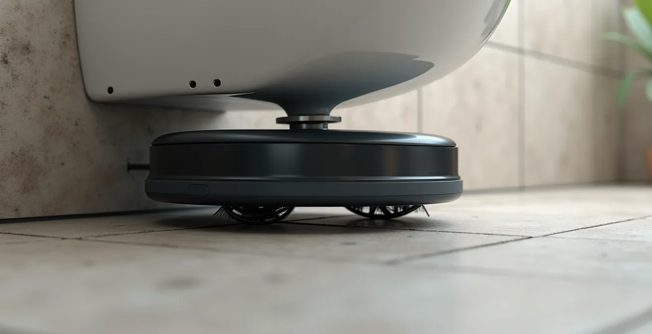 Robot aspirapolvere che pulisce agilmente sotto un moderno sanitario sospeso in un bagno dalle piastrelle chiare.