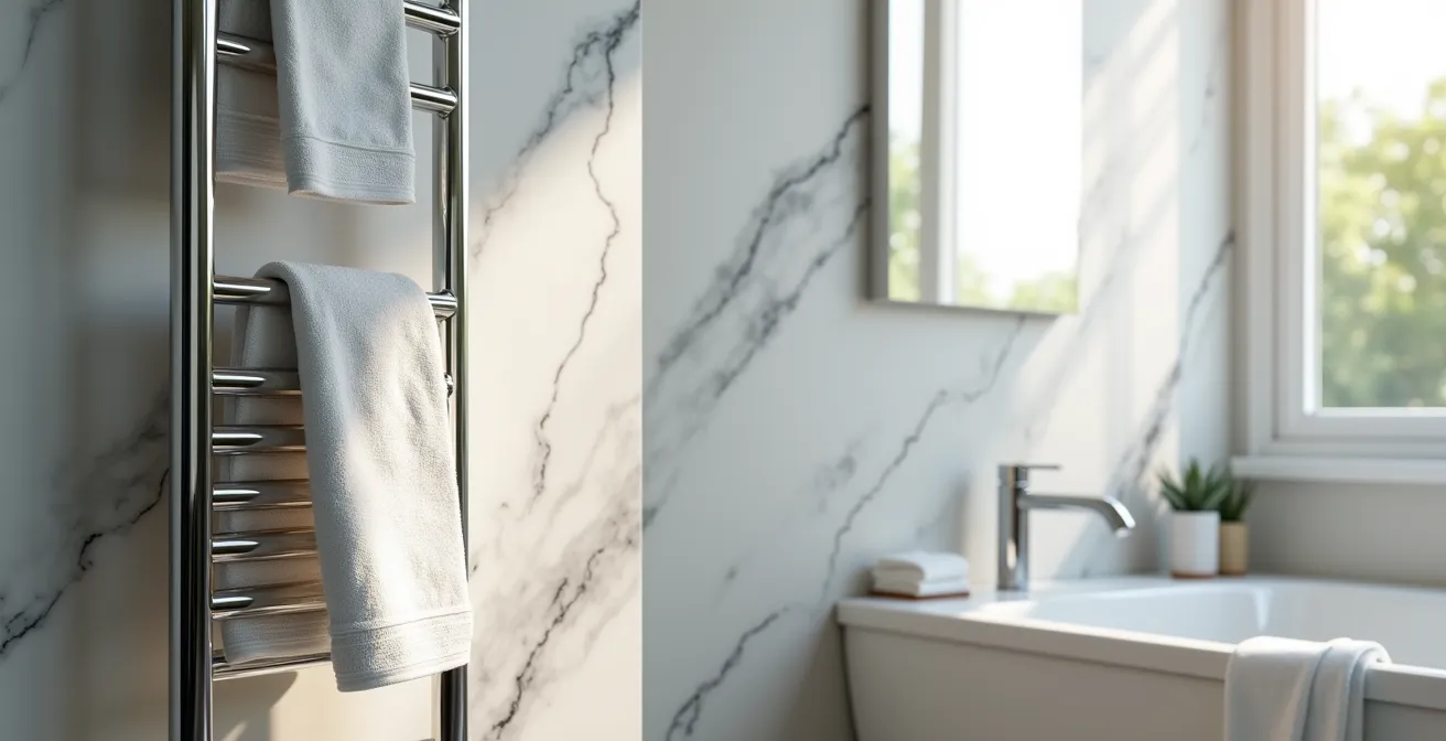 Scaldasalviette cromato con asciugamani stesi in bagno italiano