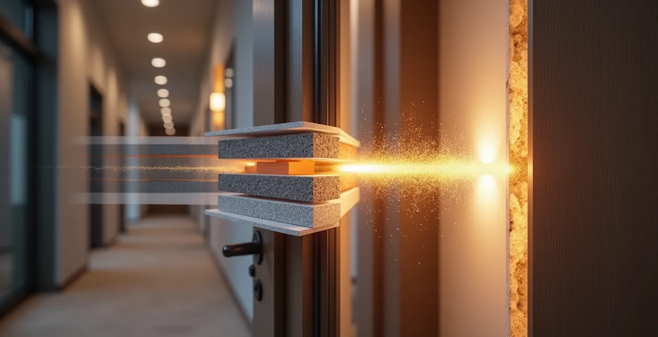 Sezione trasversale di una porta blindata con isolamento acustico multistrato