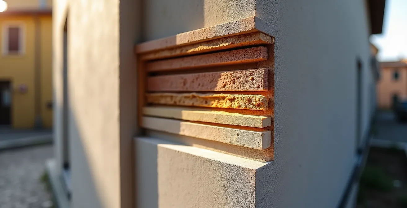 Vista laterale di un edificio con cappotto termico e strati di pittura protettiva visibili