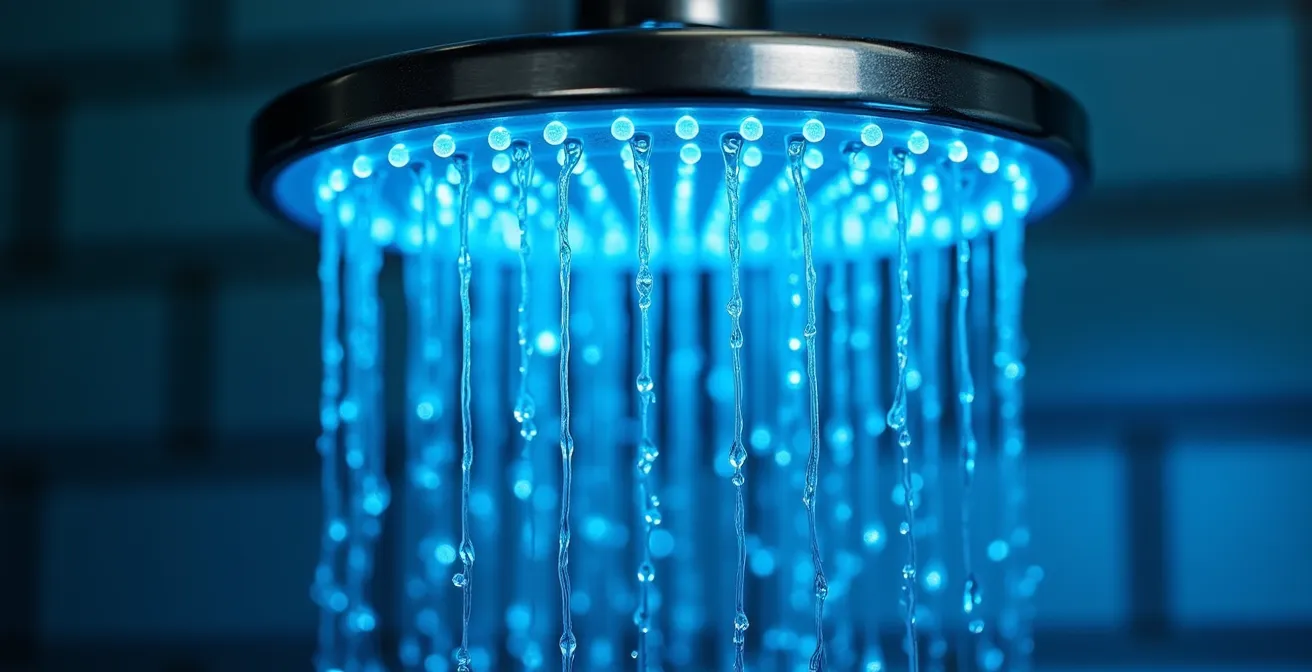 Soffione doccia con LED blu acceso che crea un effetto rilassante nell'ambiente