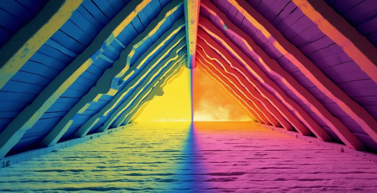 Immagine termografica che mostra la dispersione di calore attraverso un sottotetto non isolato