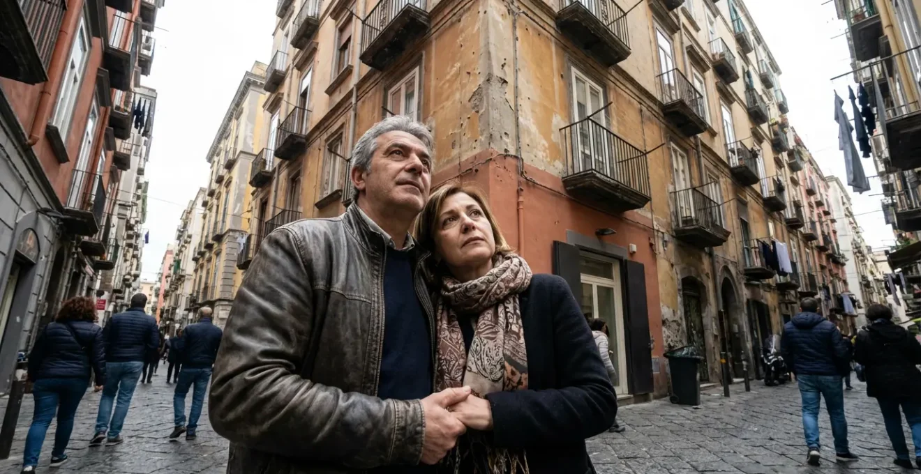 Coppia italiana valuta il proprio appartamento osservando la facciata del palazzo residenziale