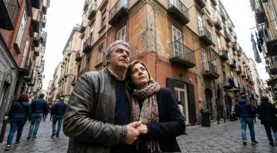 Coppia italiana valuta il proprio appartamento osservando la facciata del palazzo residenziale