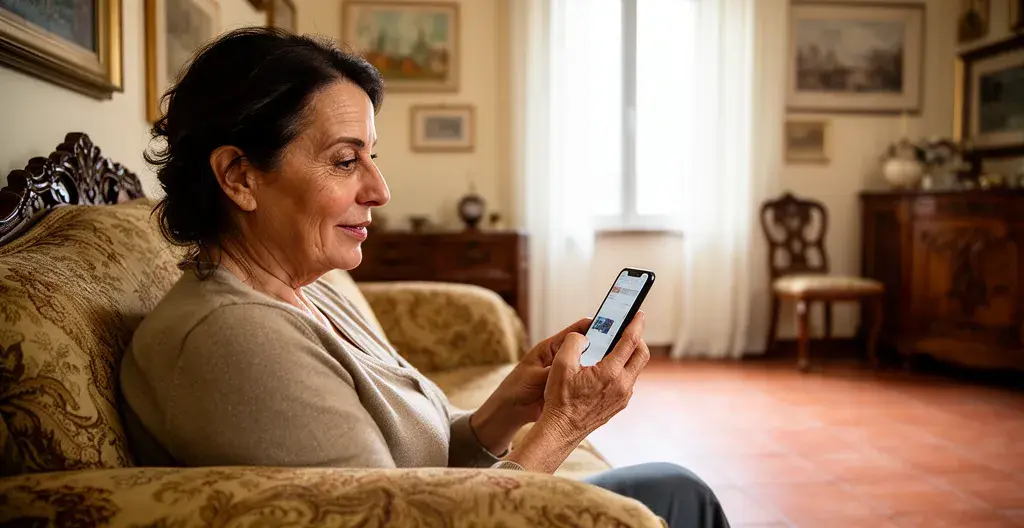 Donna italiana consulta la valutazione immobiliare sul proprio smartphone seduta nel soggiorno di casa