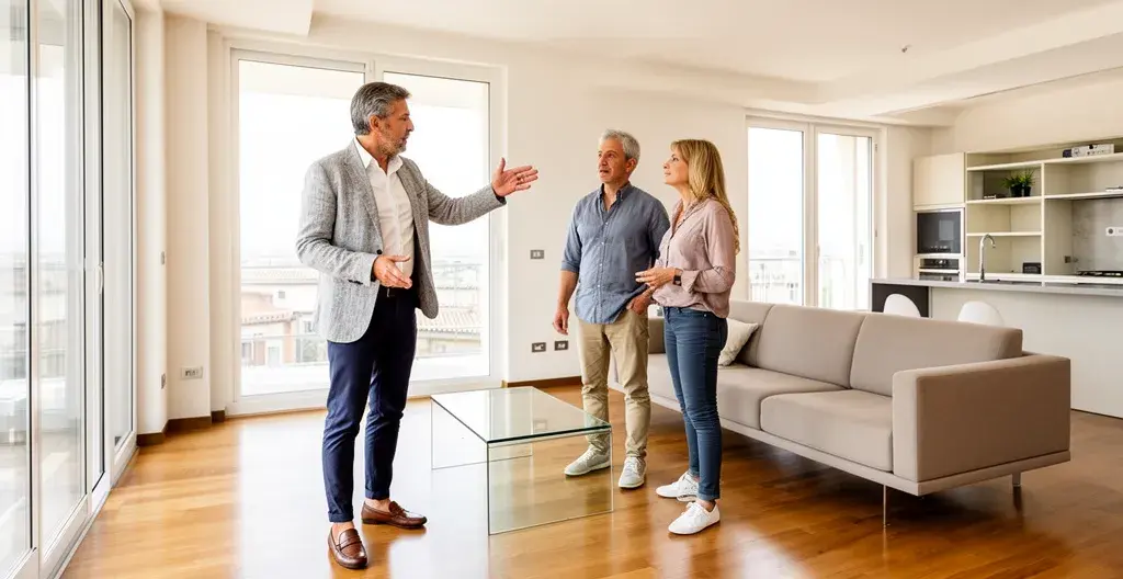 Esperto immobiliare illustra caratteristiche dell'appartamento durante una valutazione sul posto con i proprietari Esperto immobiliare illustra caratteristiche dell'appartamento durante una valutazione sul posto con i proprietari
